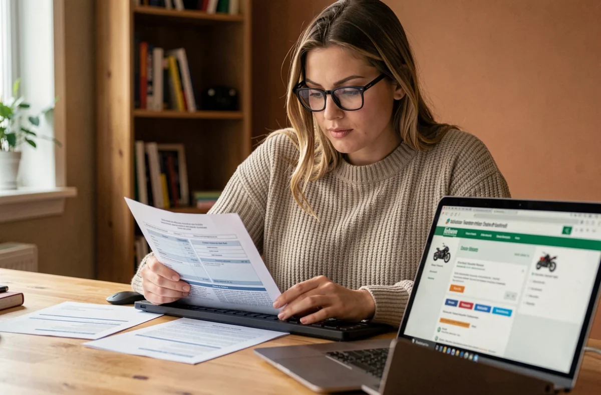 Femme comparant des devis d'assurance moto sur ordinateur et documents papier à domicile
