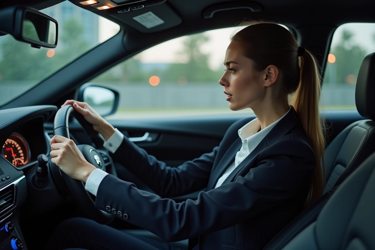 Femme pr&eacute;occup&eacute;e regardant le tableau de bord
