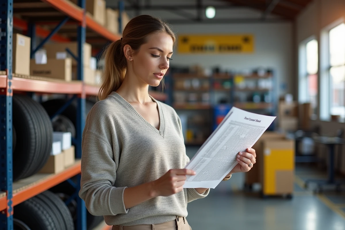 Femme v&eacute;rifiant un tableau de charge de pneus en magasin auto