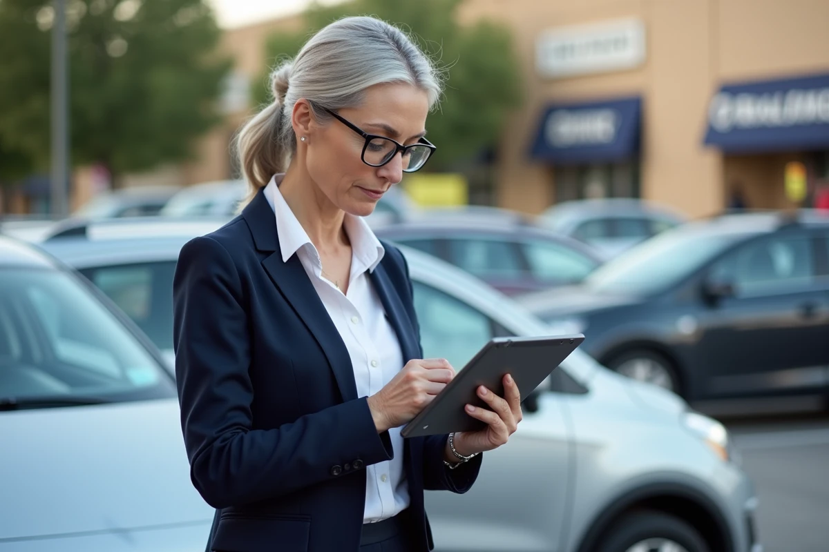 Femme consultant son assurance auto sur une tablette à côté de sa voiture dans un parking