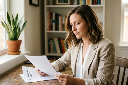 Femme consultant un contrat d'assurance auto à son bureau à domicile
