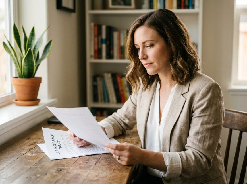 Femme consultant un contrat d'assurance auto à son bureau à domicile