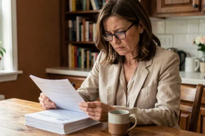 Femme consultant son contrat d'assurance auto à domicile, documents papier posés sur une table en bois