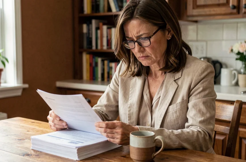 Femme consultant son contrat d'assurance auto à domicile, documents papier posés sur une table en bois