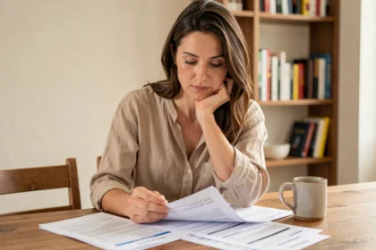 Femme consultant un contrat d'assurance voiture tous risques à la maison