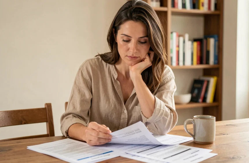 Femme consultant un contrat d'assurance voiture tous risques à la maison