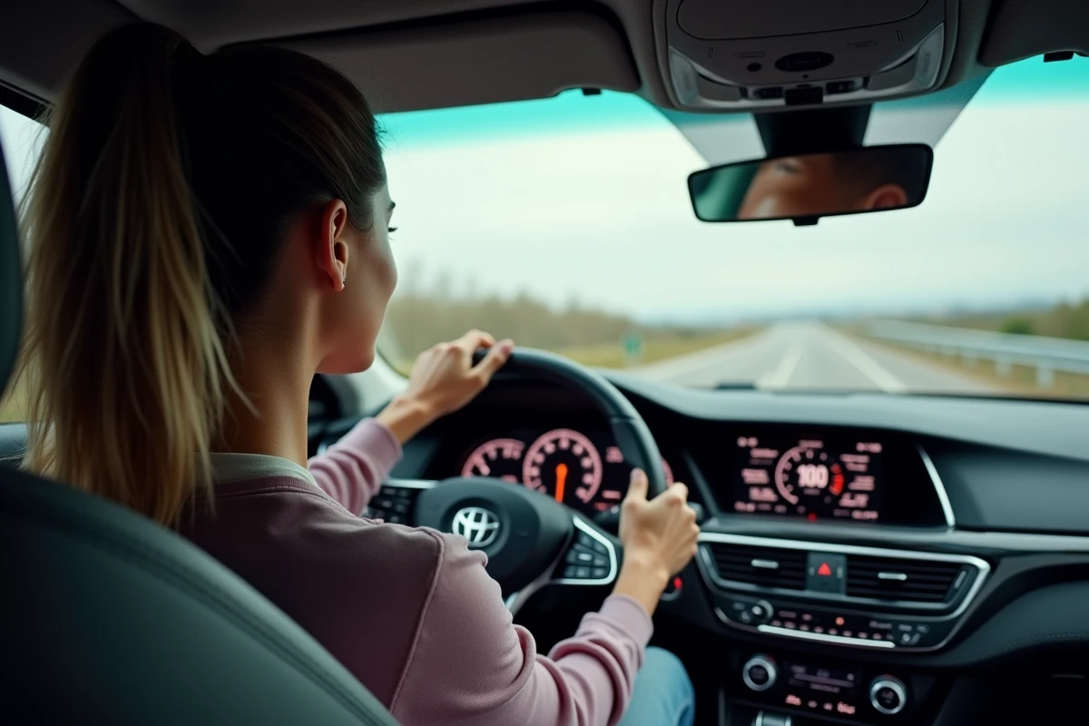 Jeune femme concentr&eacute;e au volant avec compteur vitesse