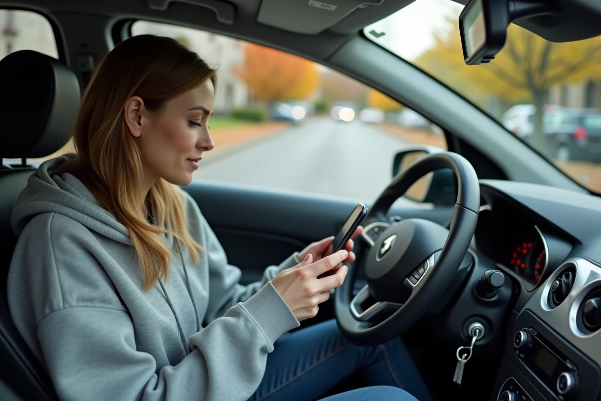 Femme consultant son téléphone pour désactiver manuellement l'anti-démarrage de sa Renault Clio 2 en bord de rue