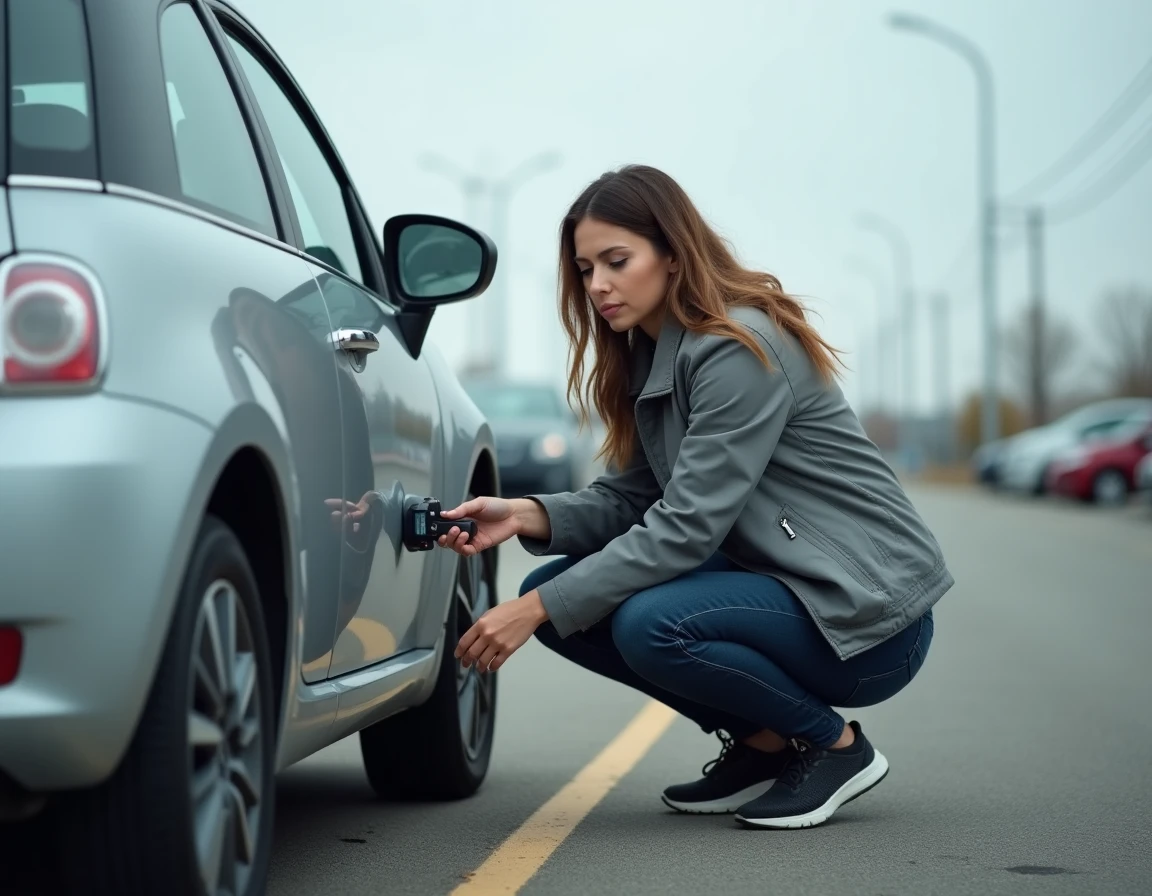 Femme vérifiant la présence d'un traceur GPS sous sa voiture avec un détecteur