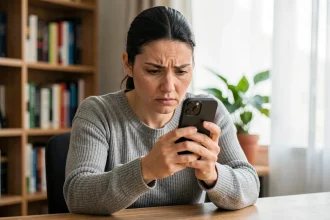 Femme examinant son smartphone avec inquiétude pour détecter un tracker ou logiciel espion