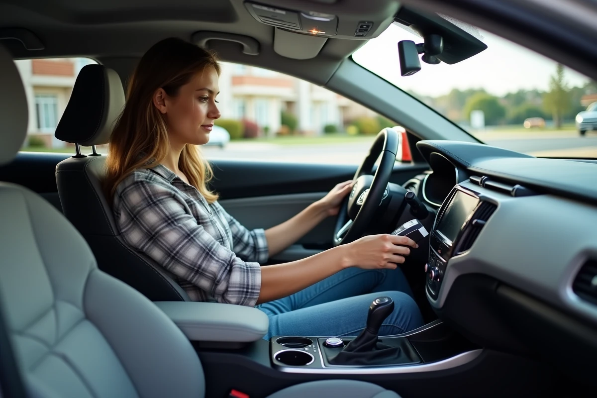 Jeune femme utilisant un scanner dans une voiture moderne