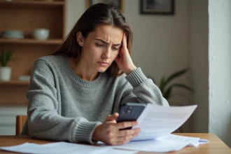 Femme frustrée consultant des documents d'assurance auto à son domicile, tentant de changer d'assurance avant la fin du contrat