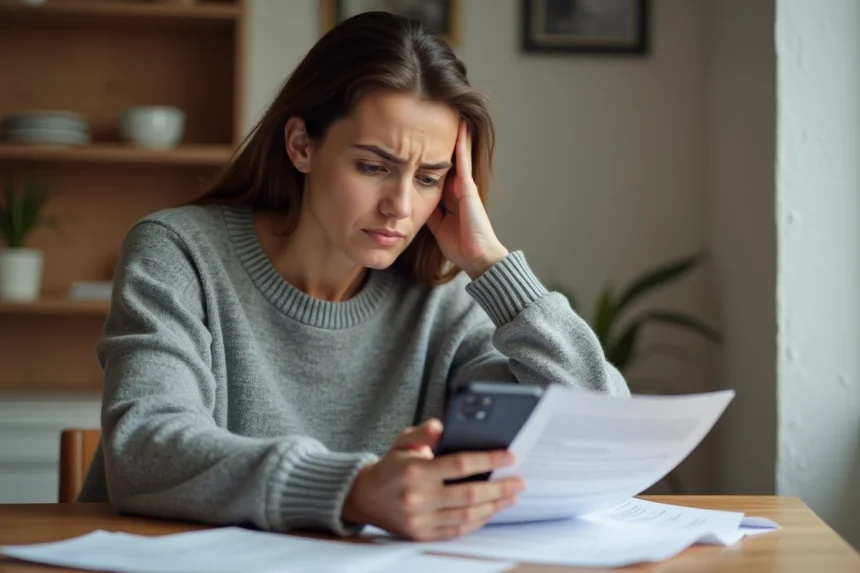 Femme frustrée consultant des documents d'assurance auto à son domicile, tentant de changer d'assurance avant la fin du contrat