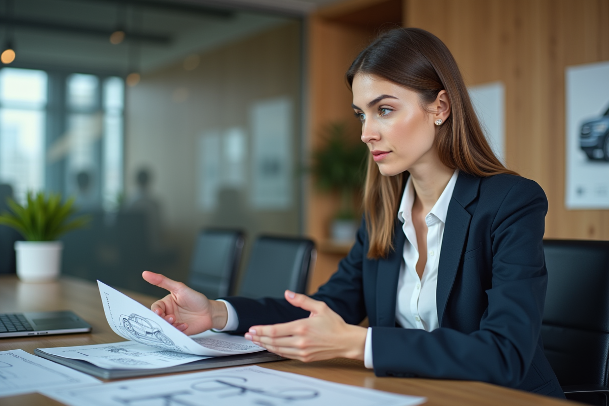 Jeune femme européenne en réunion avec documents