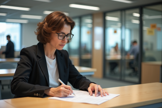Femme d'âge moyen remplissant un formulaire dans un bureau administratif français