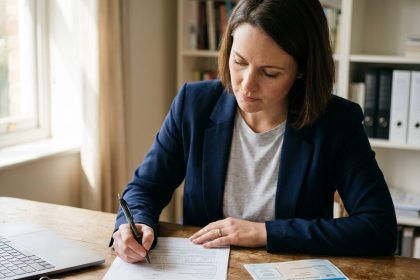Femme remplissant un formulaire de changement de carte grise à son bureau à domicile