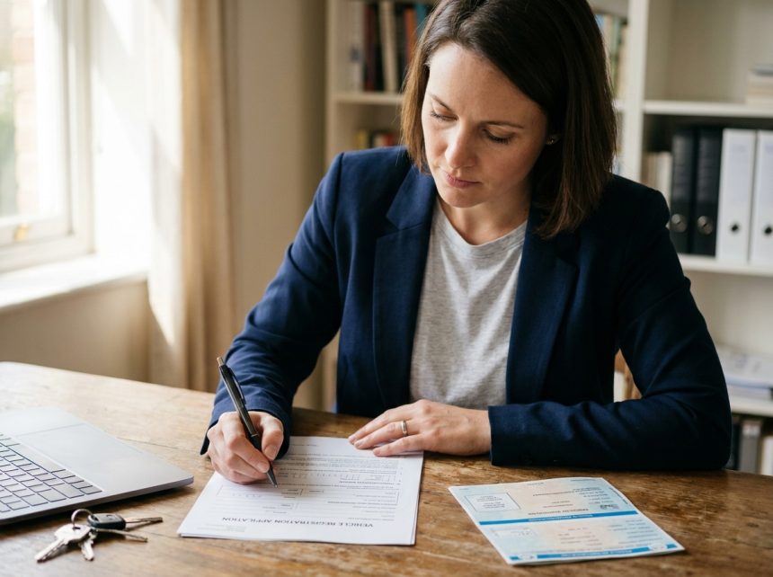 Femme remplissant un formulaire de changement de carte grise à son bureau à domicile