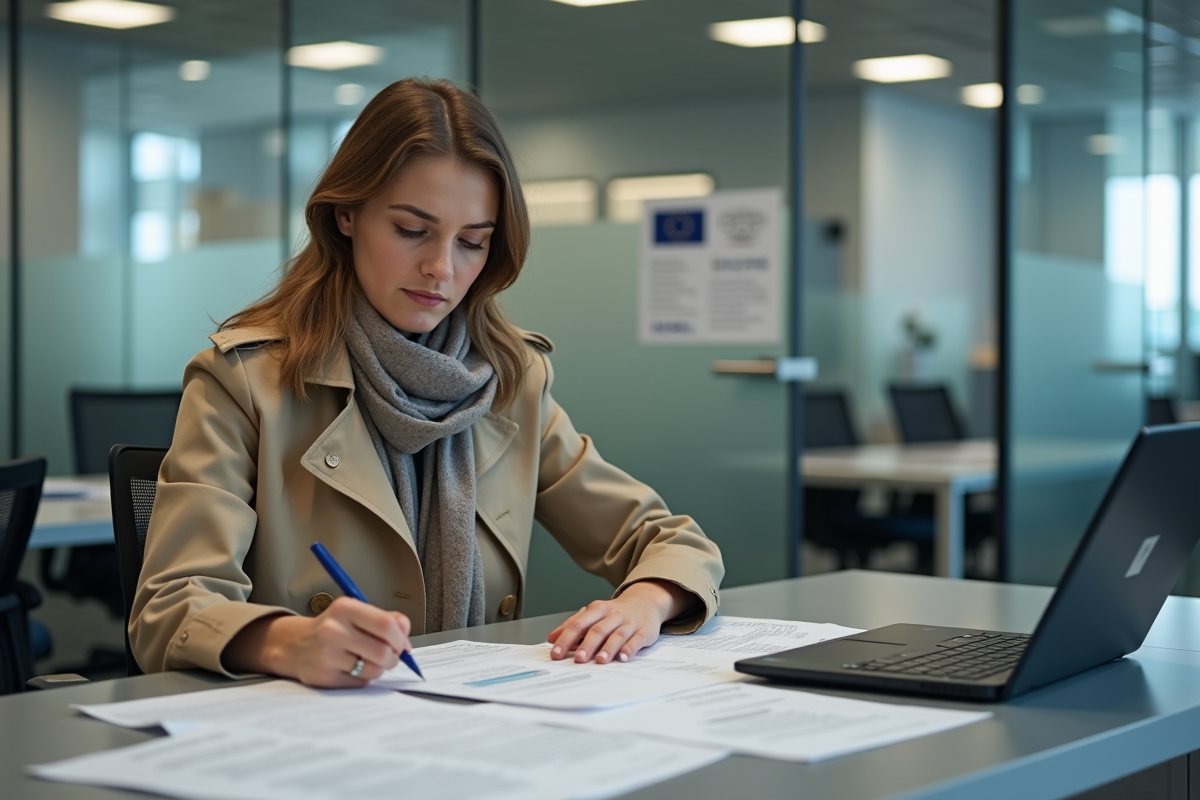 Jeune femme remplissant formulaires de voiture en bureau