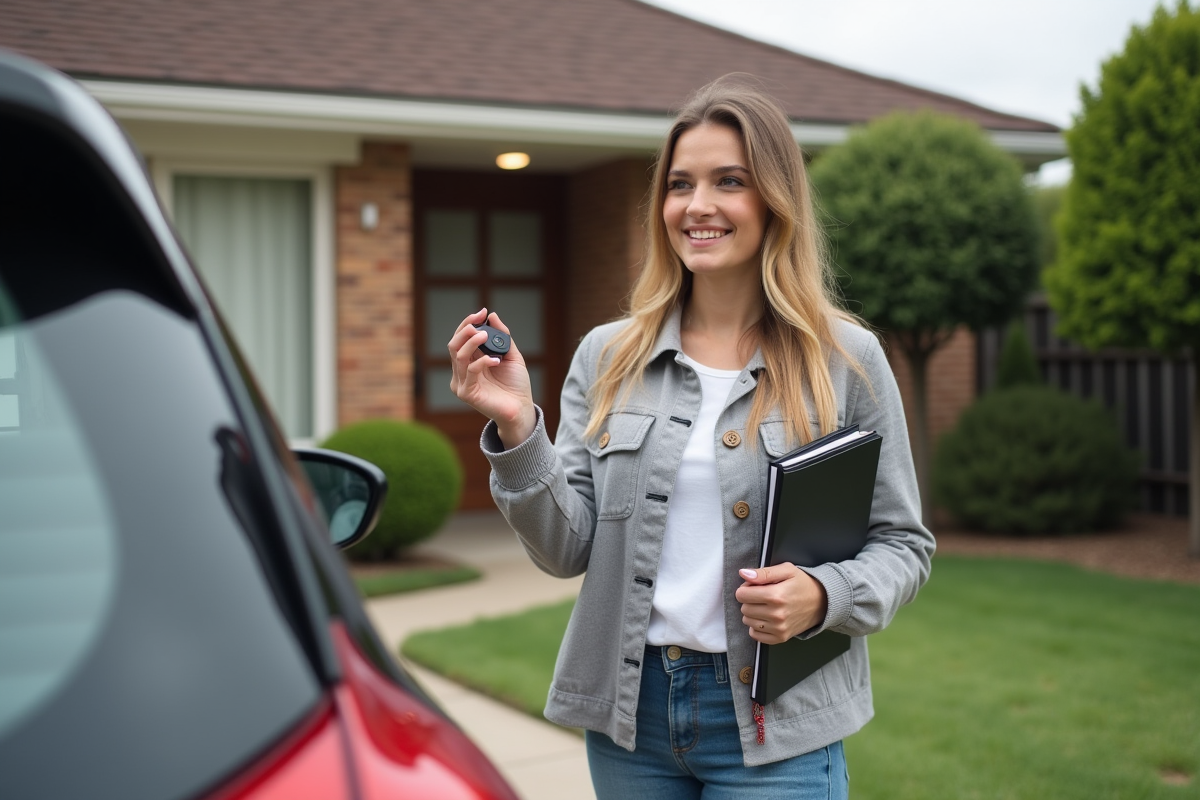 Jeune femme souriante inspectant une voiture d