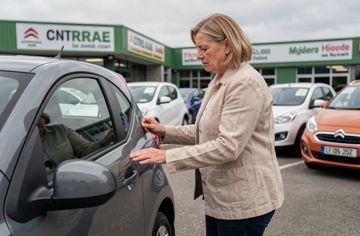 Femme inspectant une Citroën Ami d'occasion grise dans un concessionnaire de véhicules sans permis