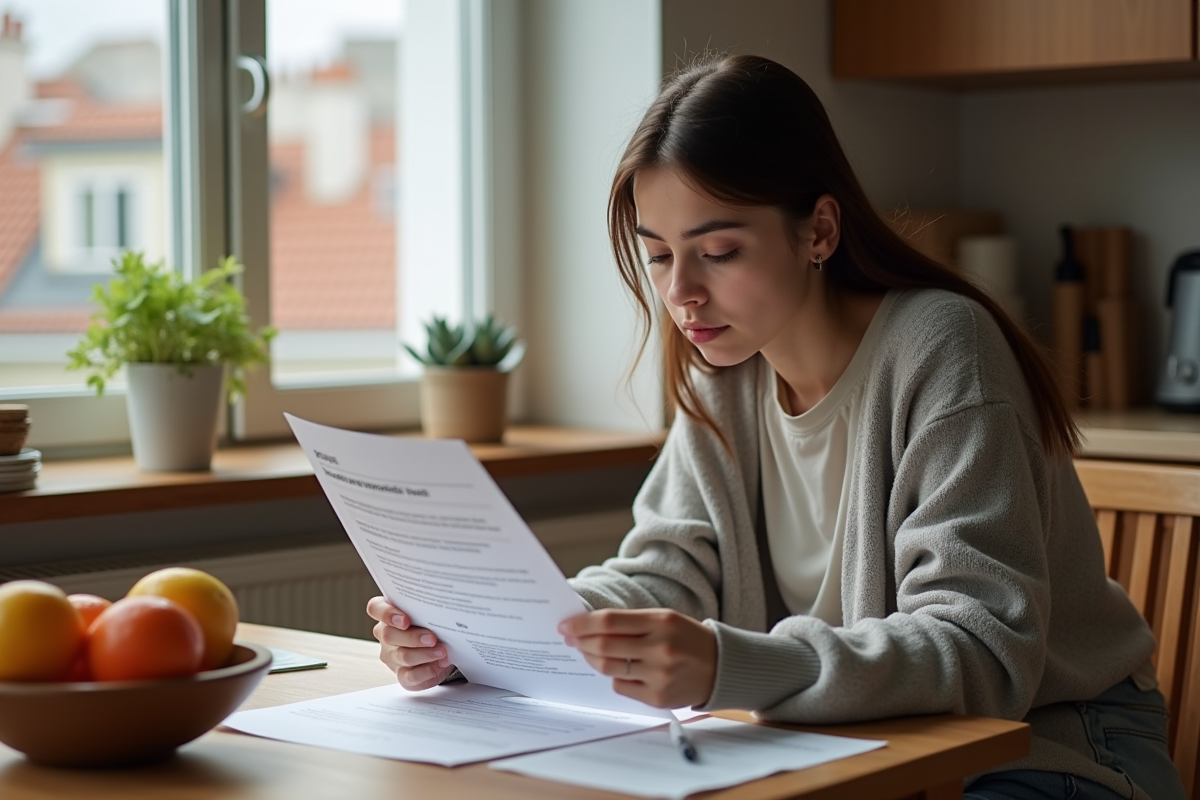 Jeune femme lisant documents d