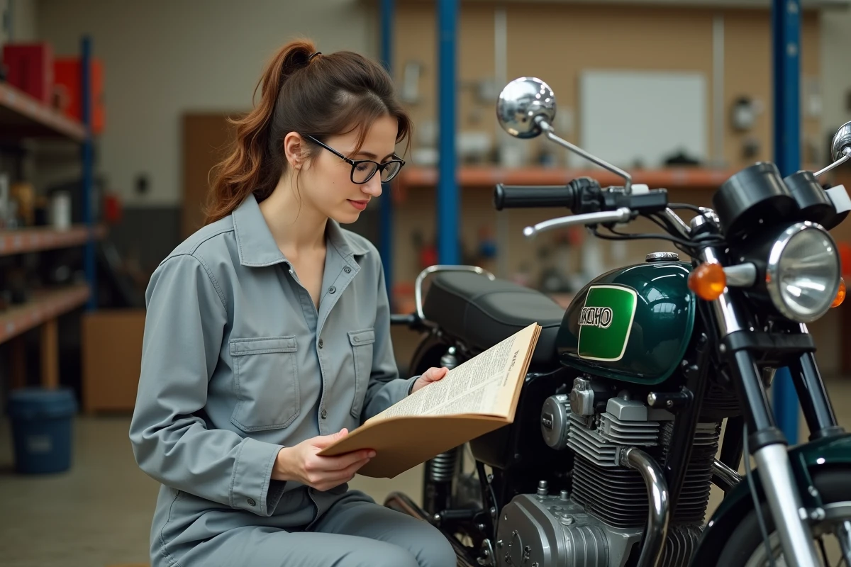 Femme en combinaison consulte un manuel de réparation de moto vintage