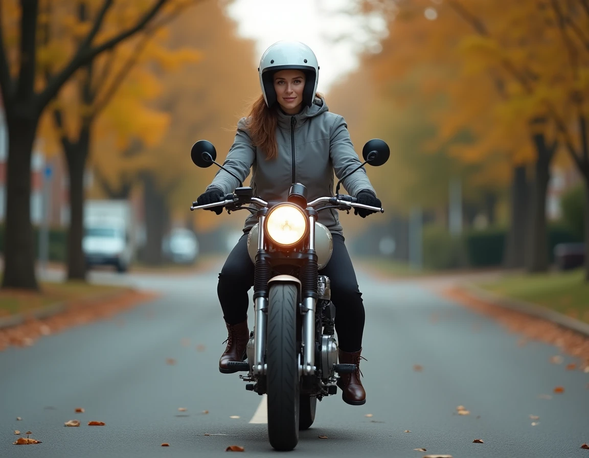 Femme à moto 125cc sur une route de banlieue, représentant les exigences du permis moto 125 comparées au scooter trois roues