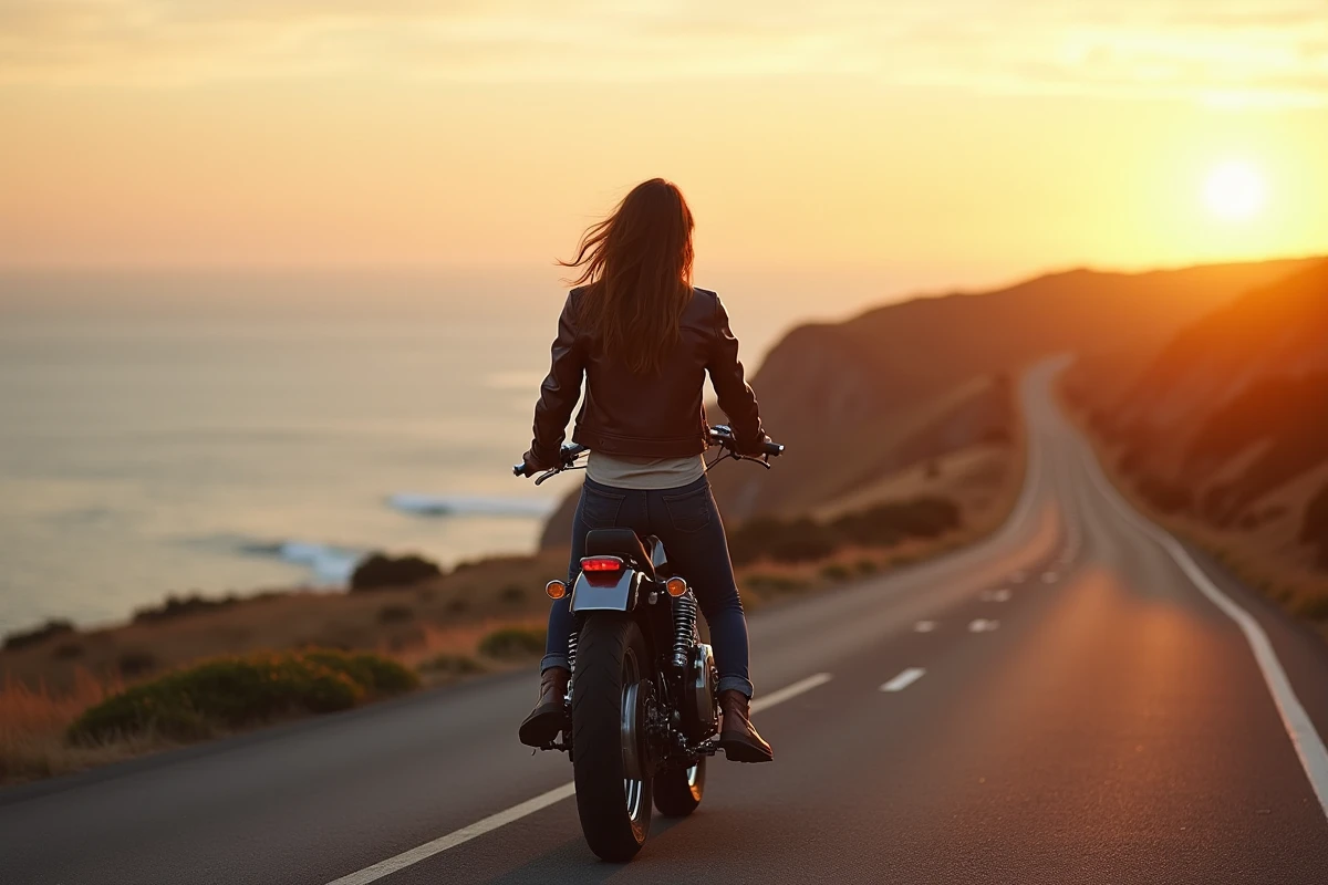 Jeune femme poussant une moto au coucher de soleil