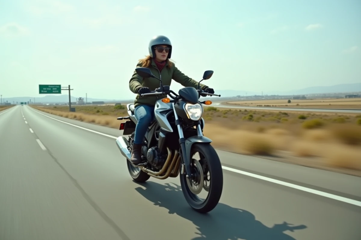 Femme en &eacute;quipement touring sur une moto en route