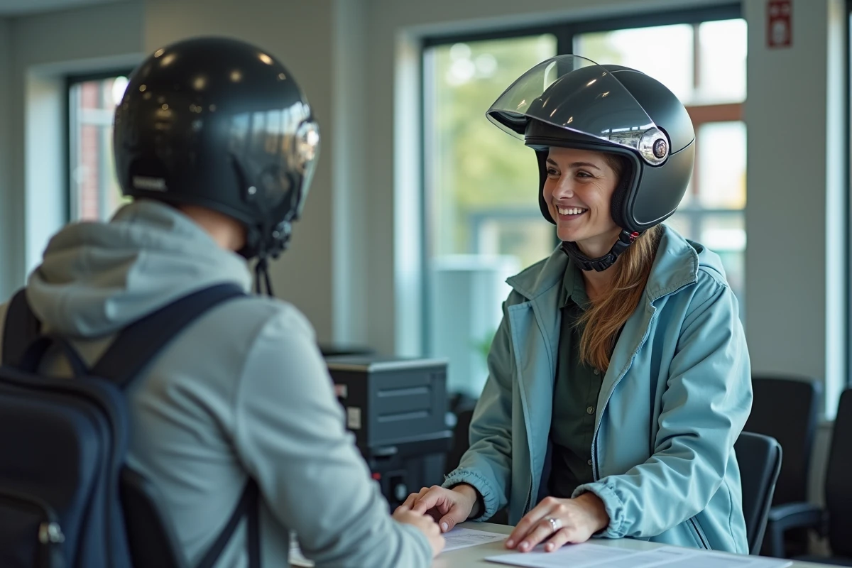 Femme sur moto enregistrement dans un bureau