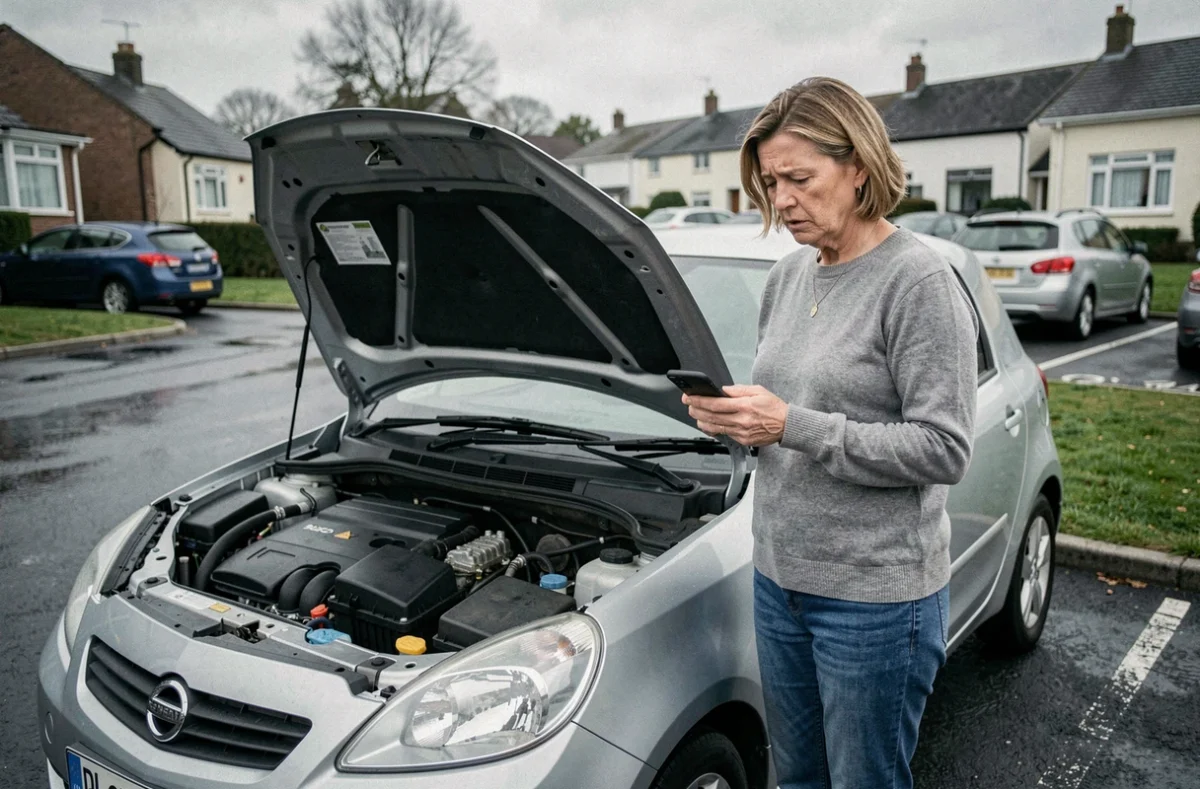 Femme inquiète inspectant le moteur diesel de sa voiture compacte dans un parking urbain