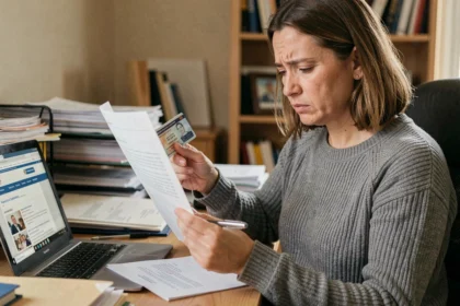 Femme stressée consultant des documents administratifs pour refaire son permis de conduire à son bureau