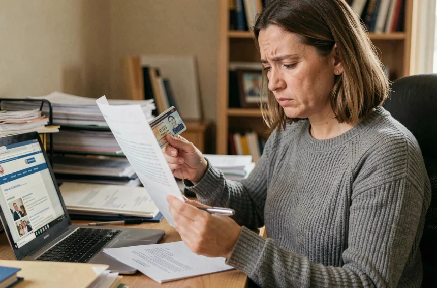 Femme stressée consultant des documents administratifs pour refaire son permis de conduire à son bureau