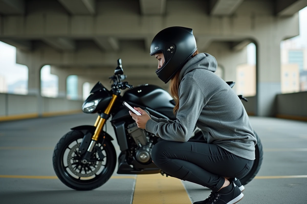 Femme passionnée de moto consultant des conseils et essais sur smartphone à côté de sa moto en milieu urbain