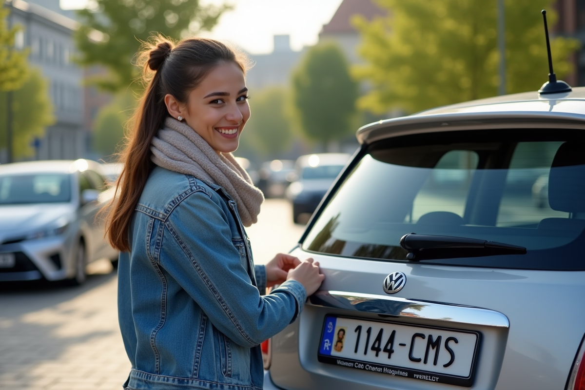 Jeune femme posant une plaque d