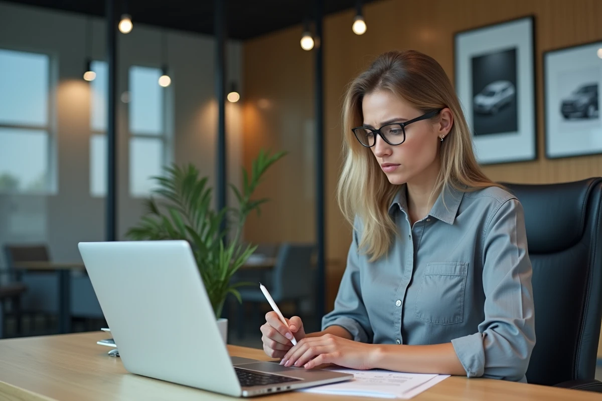 Femme analysant un rapport de voiture au bureau