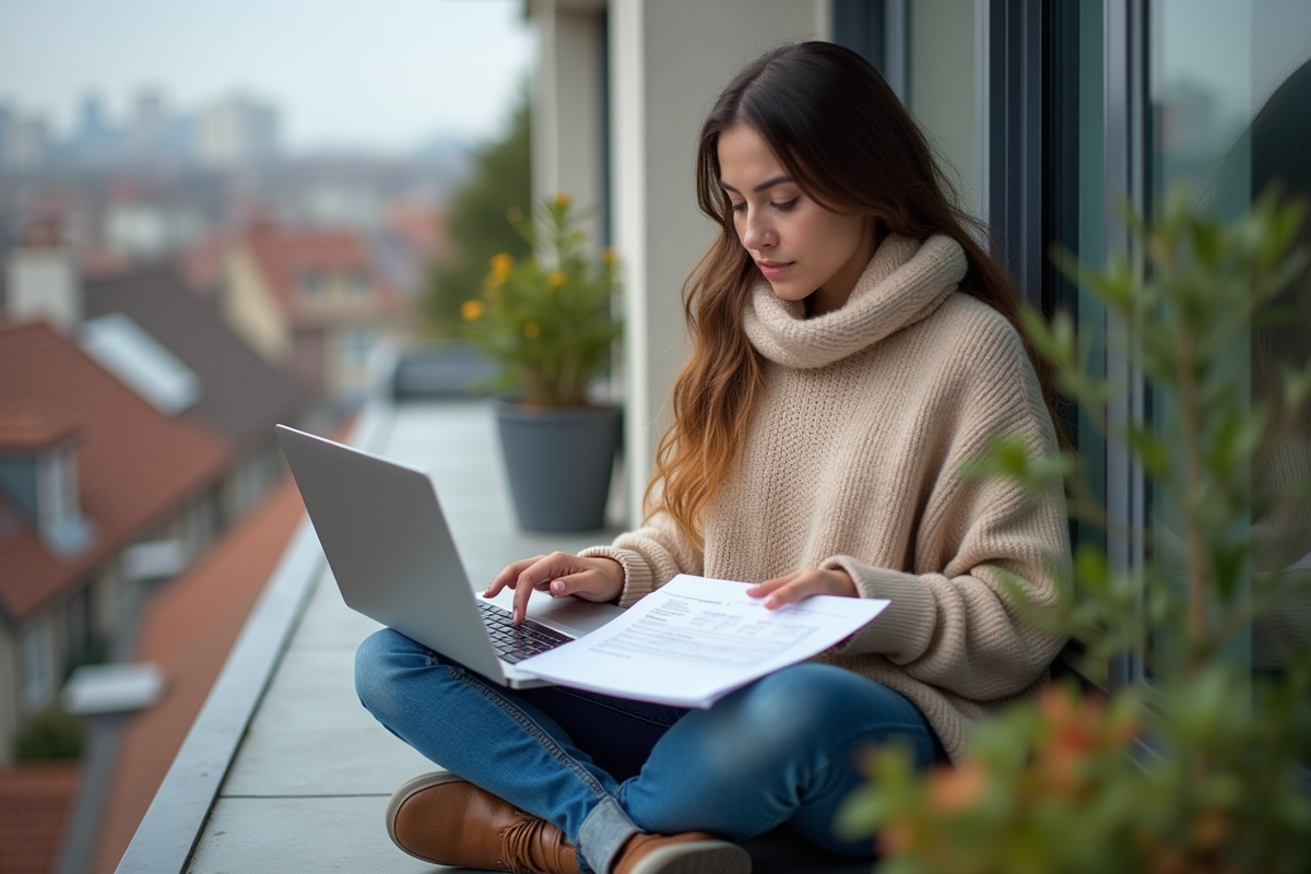 Jeune femme vérifiant des devis de toiture sur son balcon