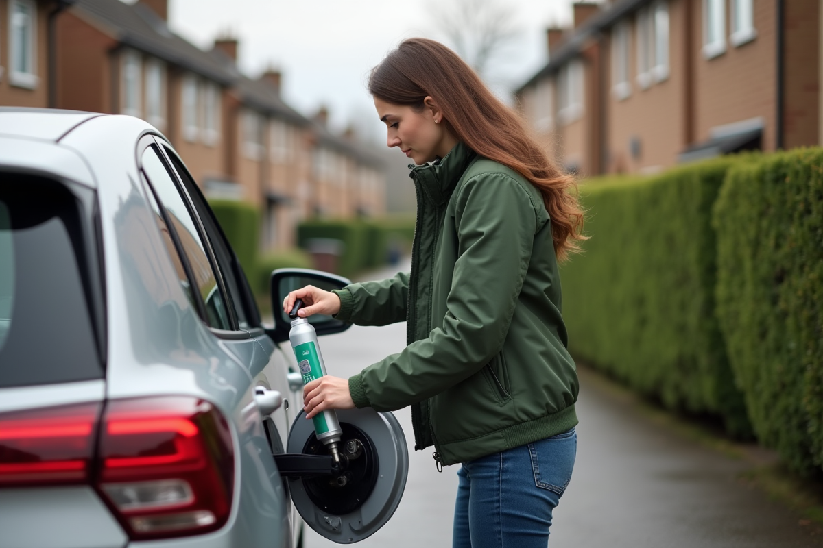 Jeune femme verse du diesel antipollution dans sa voiture