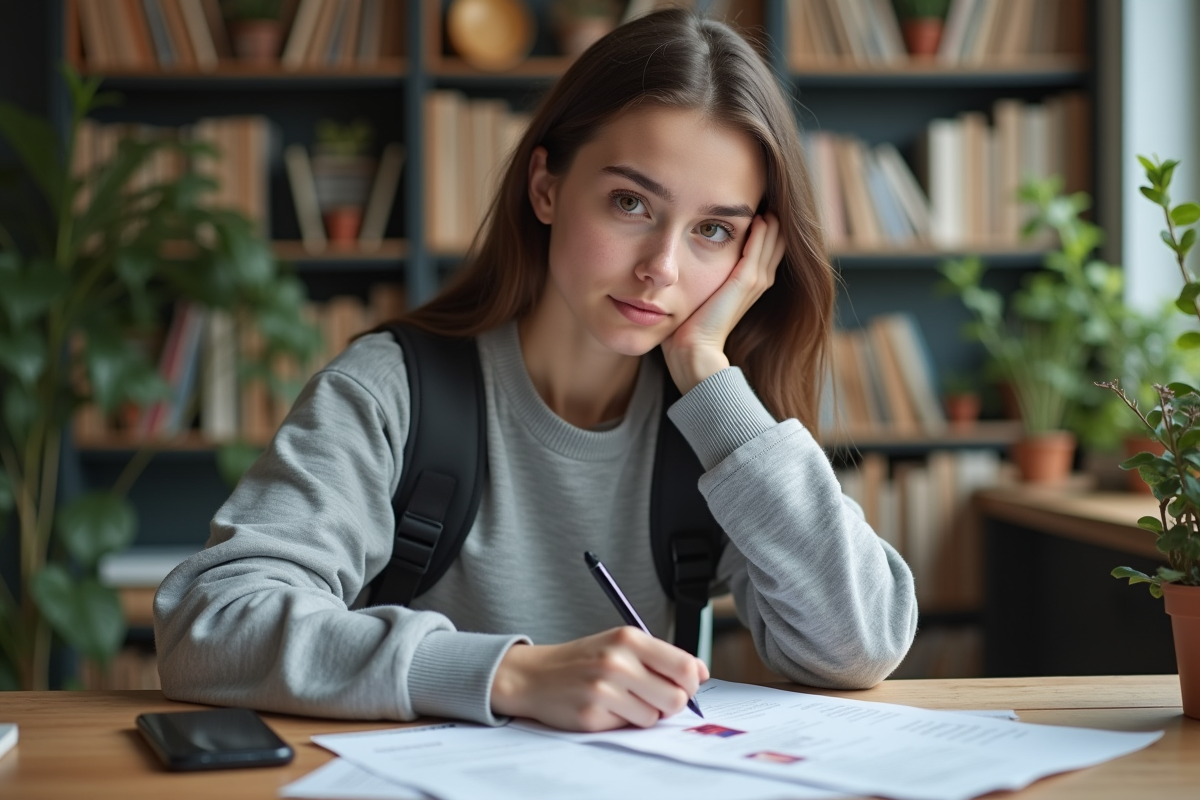 Jeune femme remplissant formulaire de permis scooter à la maison