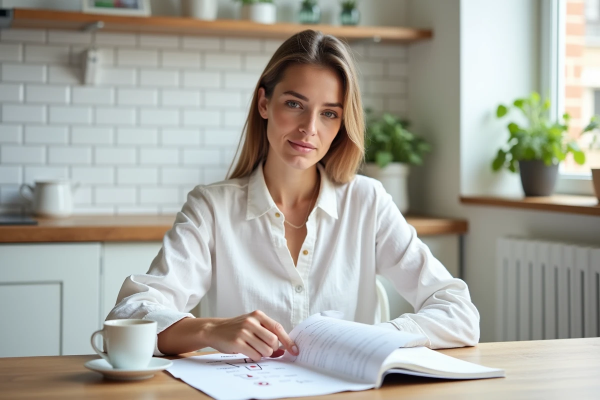 Femme adulte organisant ses révisions en candidat libre pour le permis de conduire avec un livret PDF imprimé dans sa cuisine