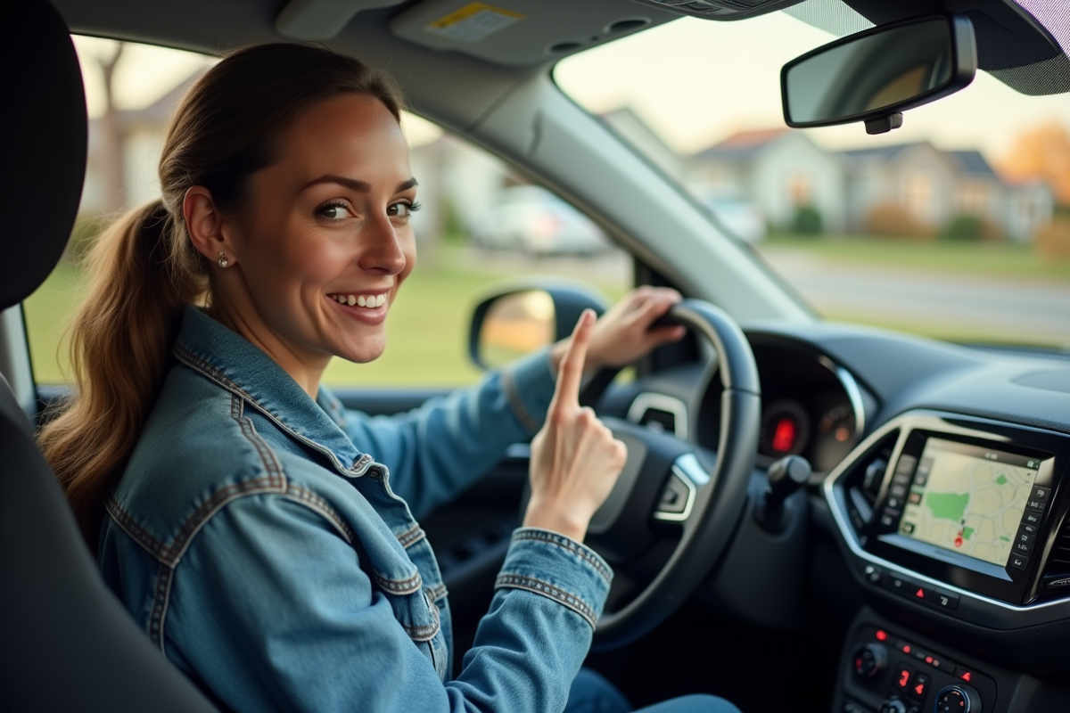 Femme souriante dans sa voiture met à jour le GPS