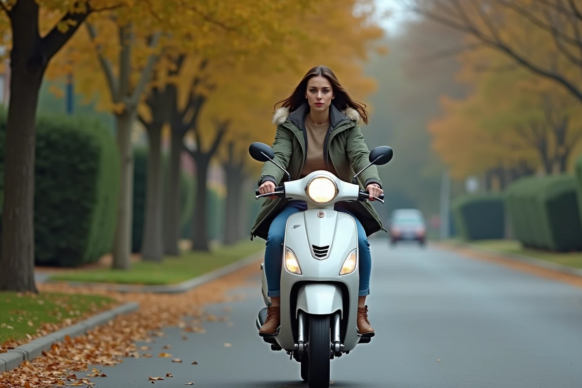 Femme en parka roulant en scooter dans quartier résidentiel