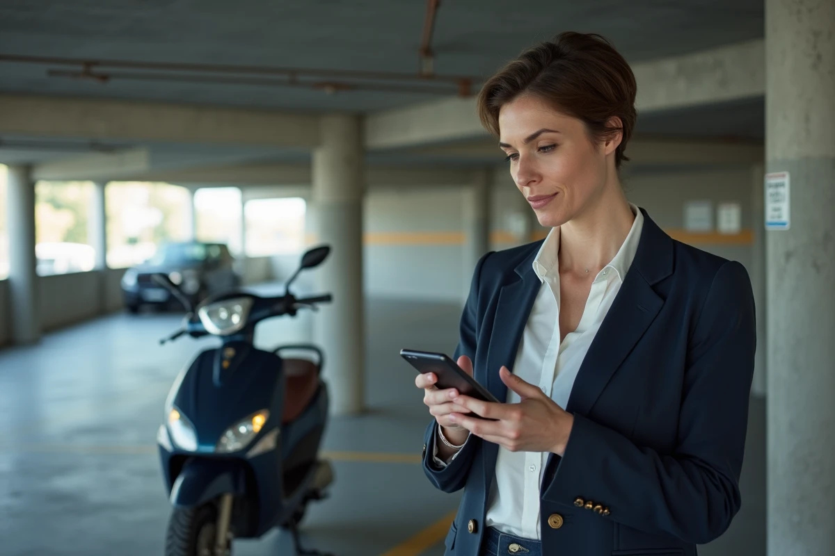 Femme consultant des informations légales sur son téléphone à côté d'un scooter dans un parking