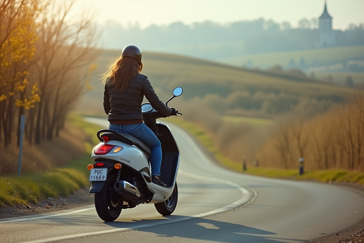 Jeune femme roulant en scooter dans la campagne