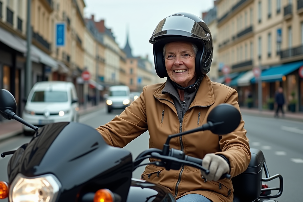 Femme âgée souriante dans le sidecar d