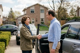 Femme souriante et homme devant une voiture en banlieue