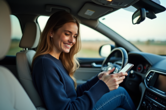 Femme souriante dans une voiture moderne avec smartphone