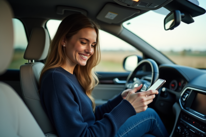 Femme souriante dans une voiture moderne avec smartphone