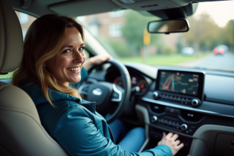 Femme souriante utilisant le système de navigation dans la voiture
