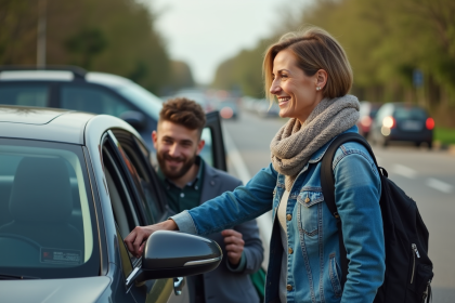 Femme souriante saluant depuis une voiture au stop routier